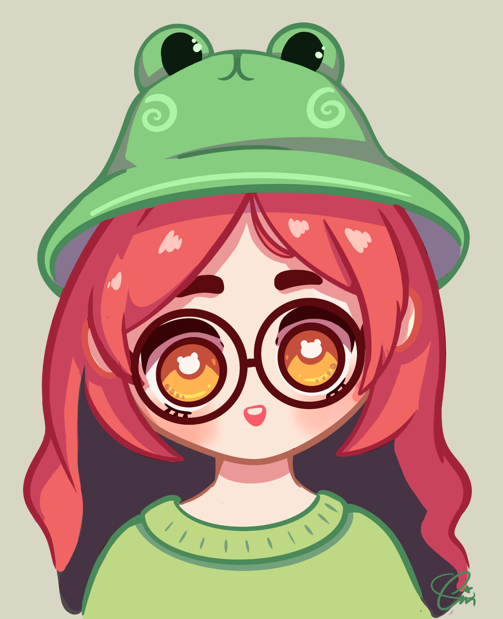 Illustrated portrait of Alia Atlas wearing a green frog hat