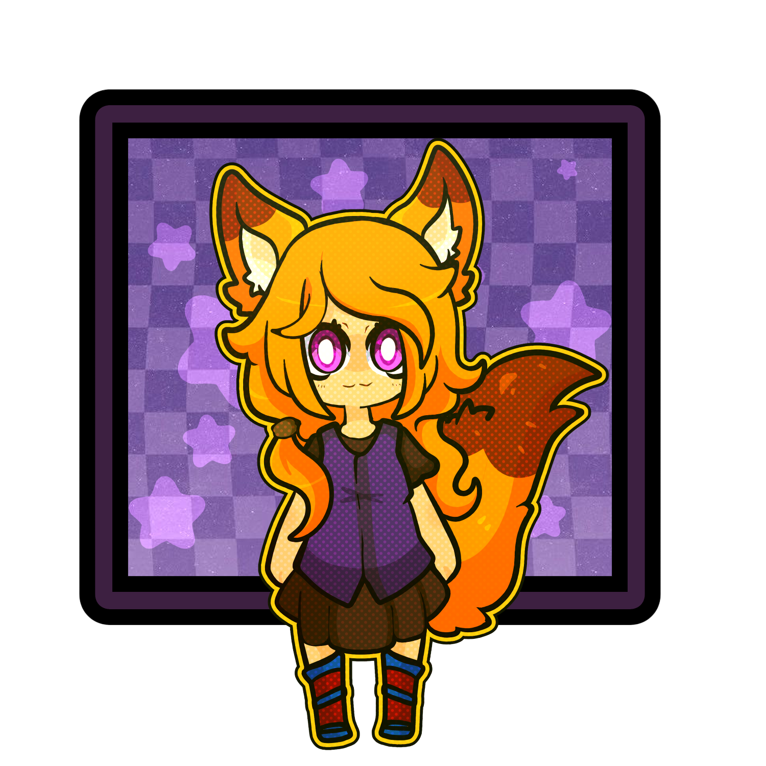 CassKitsune's golden-haired kitsune avatar against a purple star background