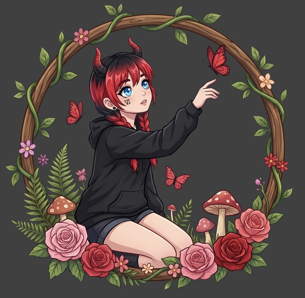 Sativa’s illustrated avatar with red hair, horns, flowers, and butterflies